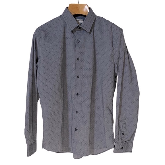 Express Men's Long Sleeve Fitted Shirt Blue Grey Small Print Size XL - Picture 1 of 10